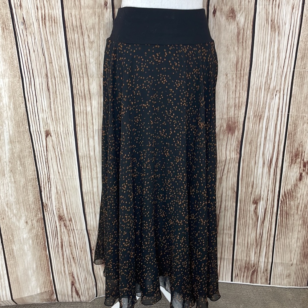 Silk Club Collection Black Flowy Maxi Skirt w/Brown Polka Dot Pattern Size Small - Picture 6 of 8